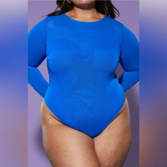 Yitty Blue Mesh Me Smoothing‎ Sleeved Thong Black Bodysuit Size 1X - Picture 1 of 12